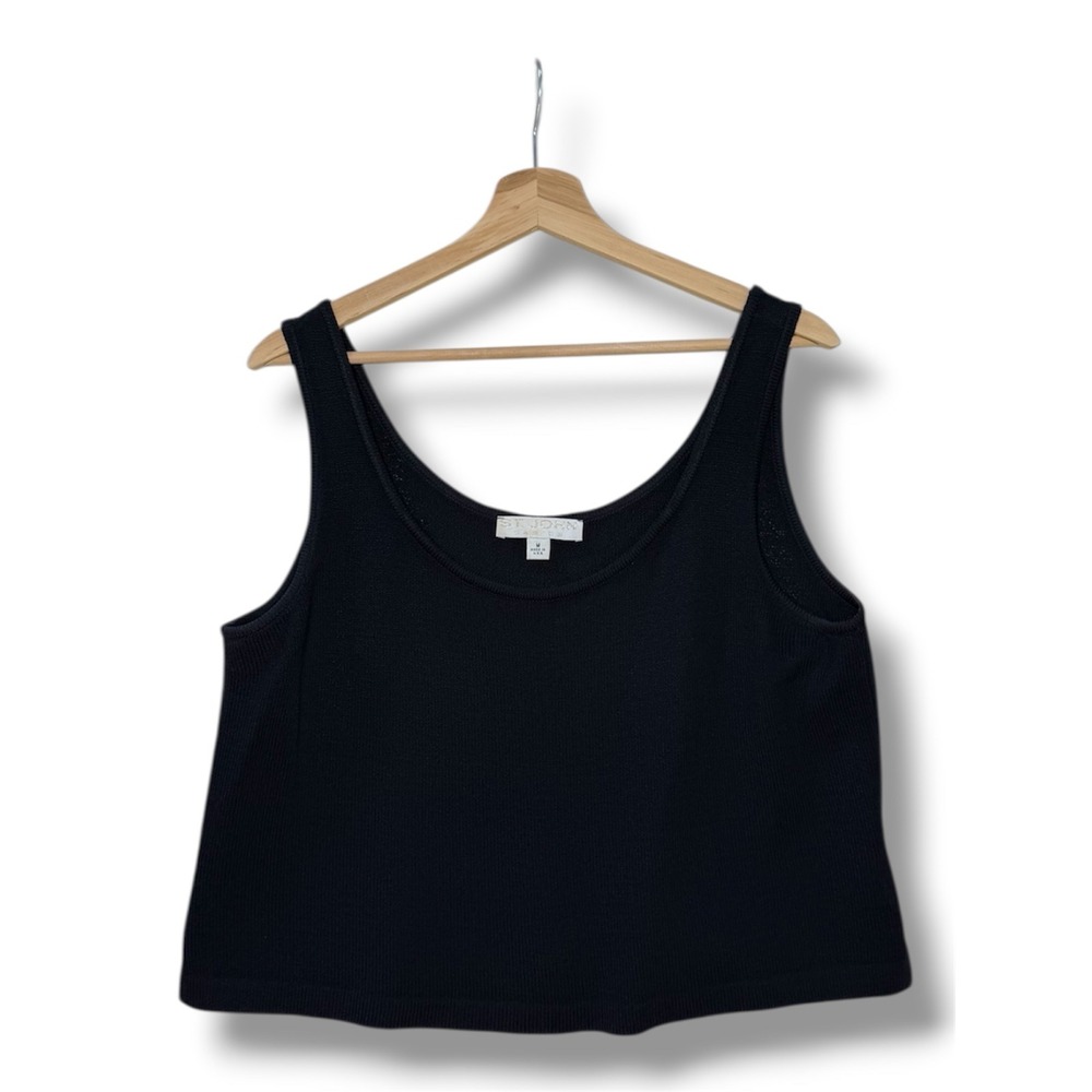 VTG St John Basics Womens Black Santana Knit Scoop Neck Crop Tank Top Size Med M